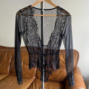 VICTORIA’S SECRET Black Lace Long Sleeves Plunge Bodysuit Size XXL